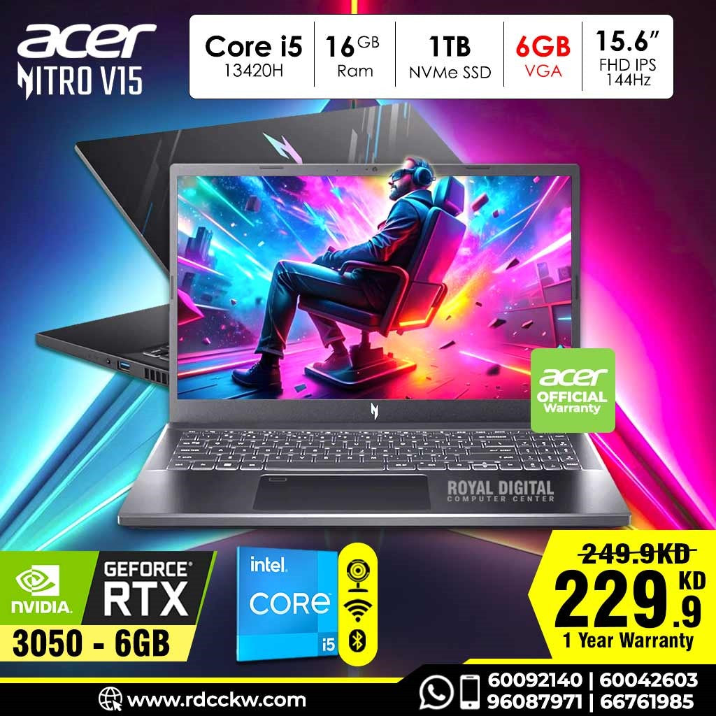 Laptop Acer Nitro V 15 | Intel Core i5-13420H | 16GB RAM | 1TB SSD | NVIDIA GeForce RTX 3050 6GB | 15.6" FHD IPS 144Hz | Obsidian Black | 1 Year Warranty
