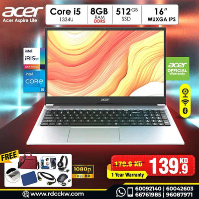 Acer Aspire Lite 16" – Power Meets Portability Intel Core i5-1334U |16" WUXGA IPS | 8GB DDR5 | 512GB NVMe SSD
