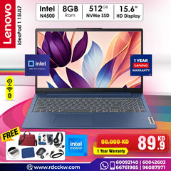 Laptop Lenovo IdeaPad 1 |  Intel Celeron N4500 Processor | RAM 8GB DDR4 | Storage 512GB NVMe SSD | Integrated Intel UHD Graphics | Display 15.6