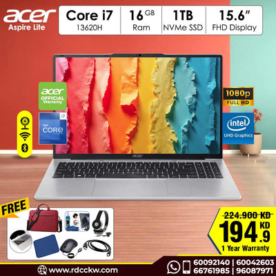 Laptop Acer Aspire Lite | Intel Core i7-13620H Processor | Ram 16GB DDR5 DDR5 | Storage 1TB SSD NVme | Intel UHD Graphics | Display 15.6" inch FHD | Color Silver | 1 Year Warranty