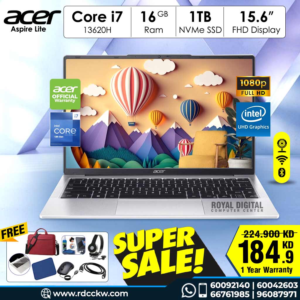Acer Aspire Lite | NX.D5HEM.001 |  Intel® Core™ i7-13620H Processor | 16GB DDR5 | 1TB NVMe SSD | 15.6-inch Full HD | Silver | 1 Year Warranty