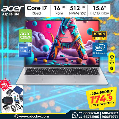 Laptop Acer Aspire Lite | Intel Core i7-13620H Processor | Ram 16GB DDR4 | Storage 512GB NVMe SSD | Intel UHD Graphics | Display 15.6" inch FHD | Color Silver | 1 Year Warranty