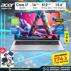 Laptop Acer Aspire Lite | Intel Core i7-13620H Processor | Ram 16GB DDR4 | Storage 512GB NVMe SSD | Intel UHD Graphics | Display 15.6