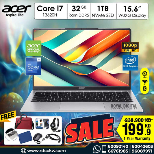 Laptop Acer Aspire Lite | Intel Core i7H | 32GB DDR5 | 1TB SSD | 15.6"FHD | Silver | 1 Year Warranty