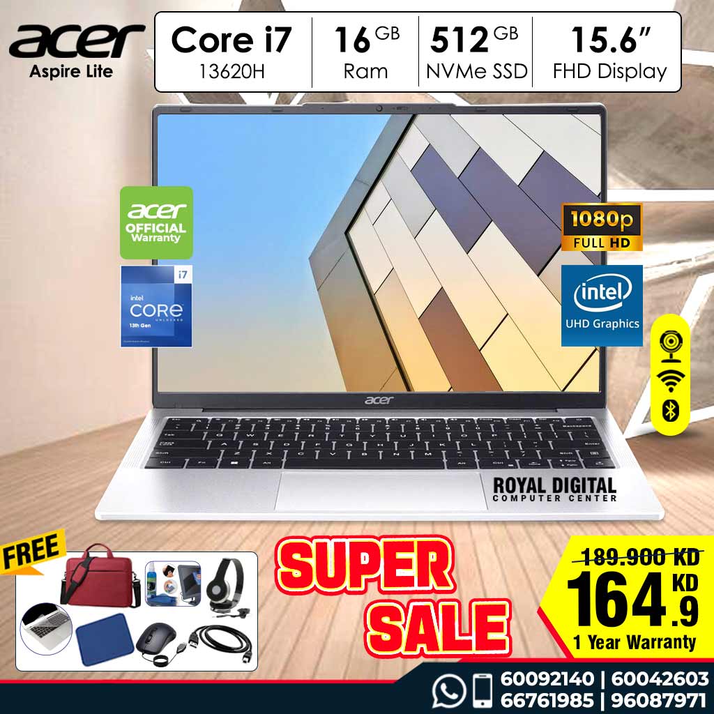 Acer Aspire Lite | NX.D5HEM.001 |  Intel® Core™ i7-13620H Processor | 16GB DDR5 | 512 GB NVMe SSD | 15.6-inch Full HD | Silver | 1 Year Warranty