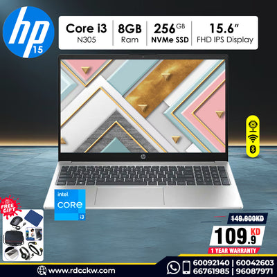 Laptop HP 15-fd0133wm | Intel Core i3-N305 Processor | Ram 8GB DDR4 | Storage 256GB NVMe SSD | Integrated Intel UHD Graphics | Display 15.6" FHD | Windows 11 Home | Color Natural Silver | 1 Year Warranty