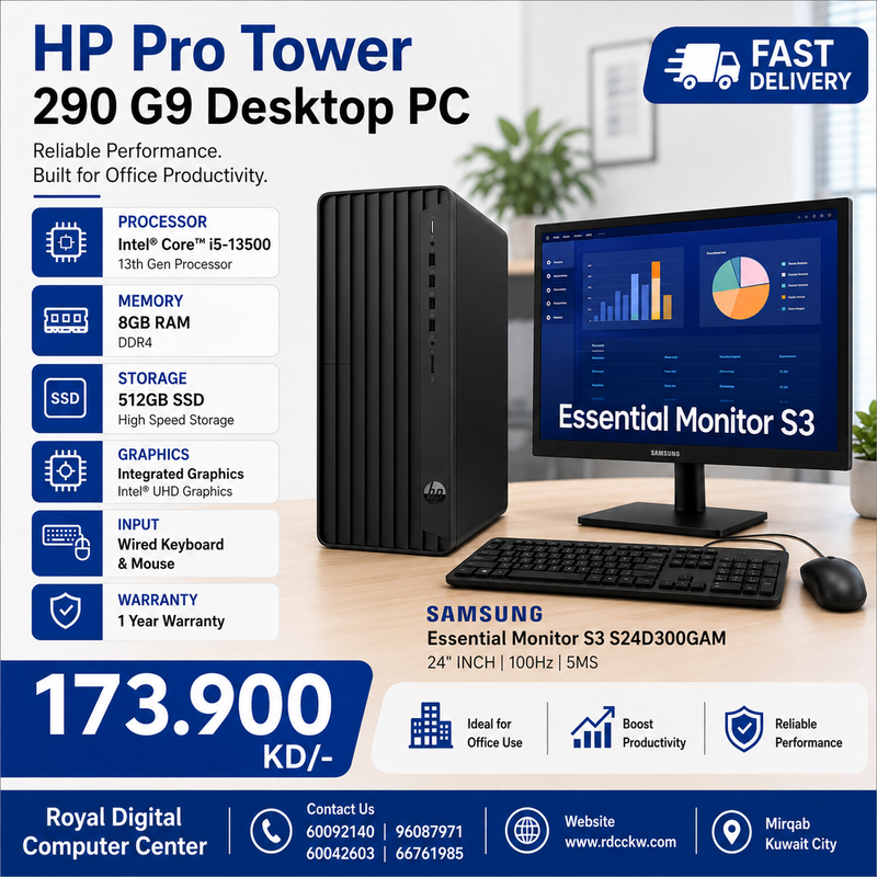 HP Pro Tower 290 G9 Desktop PC | Intel Core i5-13500 | 8GB Ram | 512GB SSD | Integrated Graphic | Display 24 inch Samsung | Wired Keyboard & Mouse | 1 Year Warranty