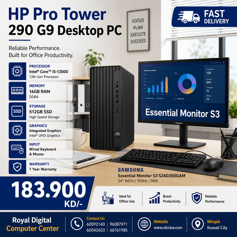 HP Pro Tower 290 G9 Desktop PC | Intel Core i5-13500 | 16GB Ram | 512GB SSD | Integrated Graphic | Display 24 inch Samsung | Wired Keyboard & Mouse | 1 Year Warranty