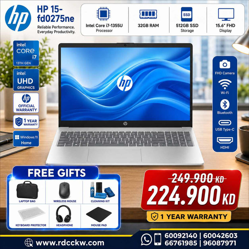 Laptop HP 15-fd0275ne | Intel® Core™ i7-1355U | 32GB RAM | Storage 512GB | Intel UHD VGA | Display 15.6 FHD | Windows 11 Home | Color Silver | 1 Year Warranty