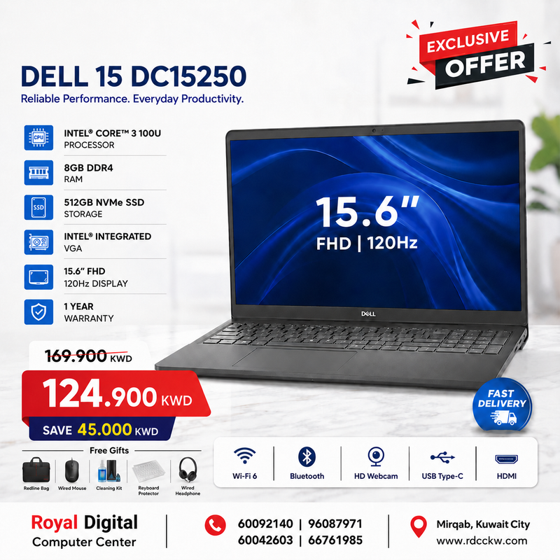 Laptop Dell 15 DC15250 | Intel Core 3 100U Processor | Ram 8GB DDR4 | Storage 512GB NVMe SSD | Intel Integrated VGA | Display 15.6 inch FHD 120Hz | Color Dark Grey | 1 Year Warranty