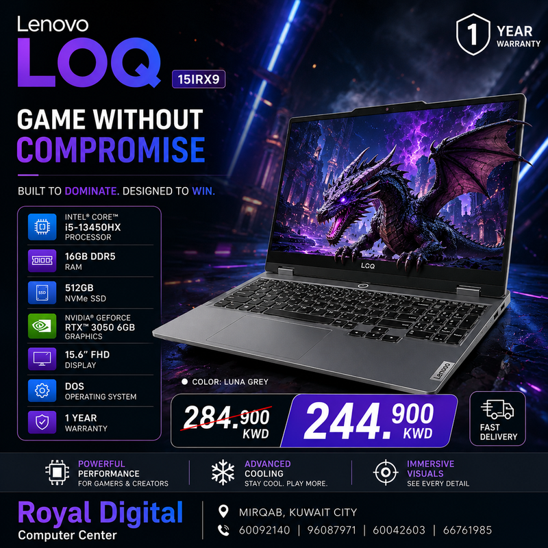 Gaming Laptop Lenovo LOQ 15IRX9 | Intel Core i5-13450HX Processor |  Ram 16GB DDR5 | Storage 512GB SSD NVMe |  NVIDIA RTX 3050 6GB, 15.6 FHD, Luna Grey, Dos, 1 Year