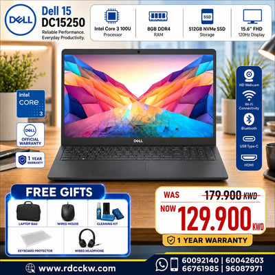 Laptop Dell 15 DC15250 | Intel Core 3 100U Processor | Ram 8GB DDR4 | Storage 512GB NVMe SSD | Intel Integrated VGA | Display 15.6 inch FHD 120Hz | Color Dark Grey | 1 Year Warranty