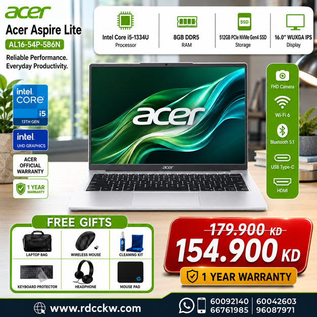 Laptop Acer Aspire Lite | Intel Core i5-1334U Processor | Ram 8GB DDR5 | Storage 512GB NVMe SSD | Display 16