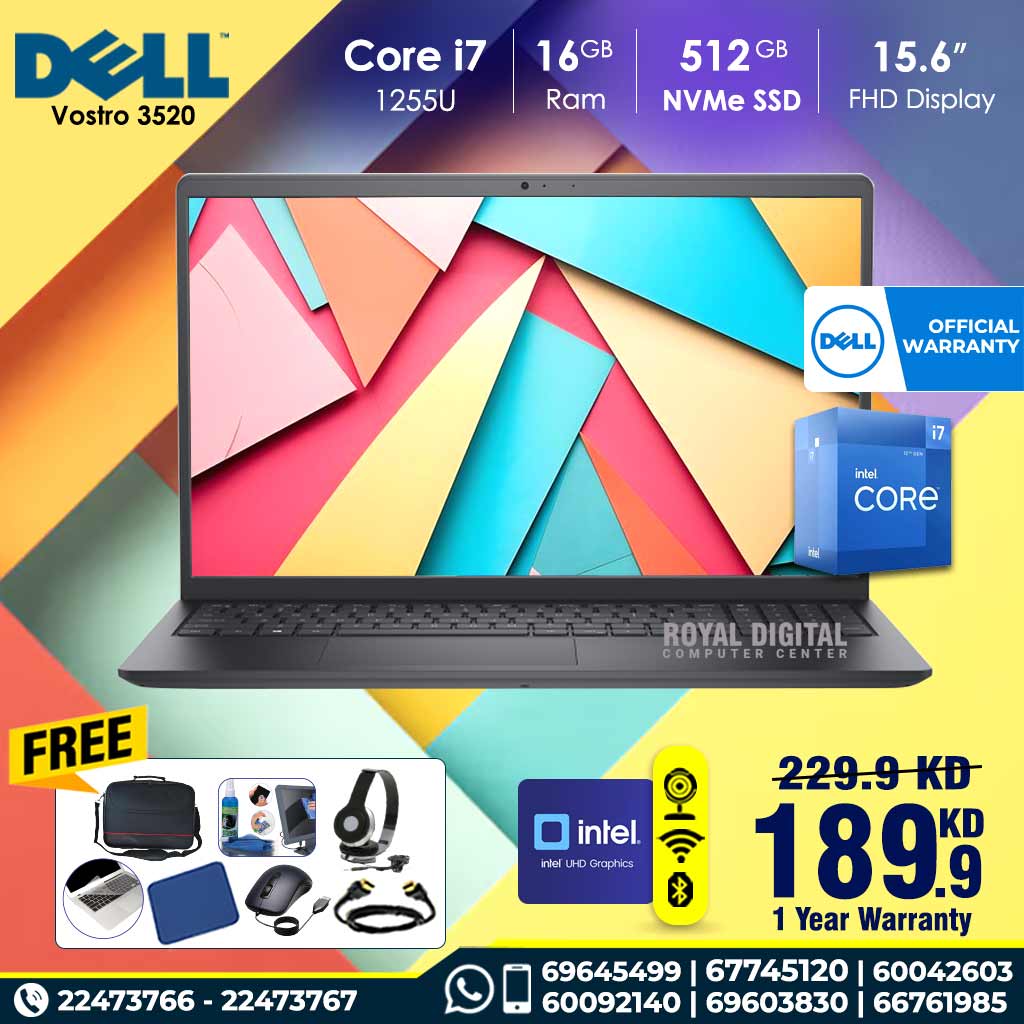 Dell Vostro 3520 Core i7-1255U 16GB Ram 512 GB NVMe SSD   15.6inch FHD