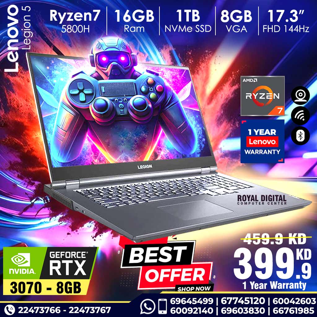 Lenovo Legion 5 Ryzen 7 NVIDIA GeForce RTX3070 8GB VGA 16GB RAM 1TB SSD 17.3 inch FHD 144Hz