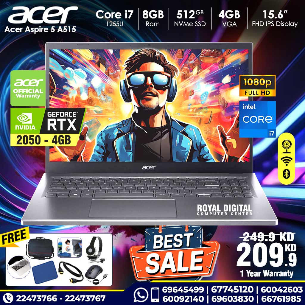 Acer Aspire 5  A515 | Core i7 - 1255U | 8GB RAM | 512 GB NVMe SSD |  4GB VGA | 15.6 inch IPS Display