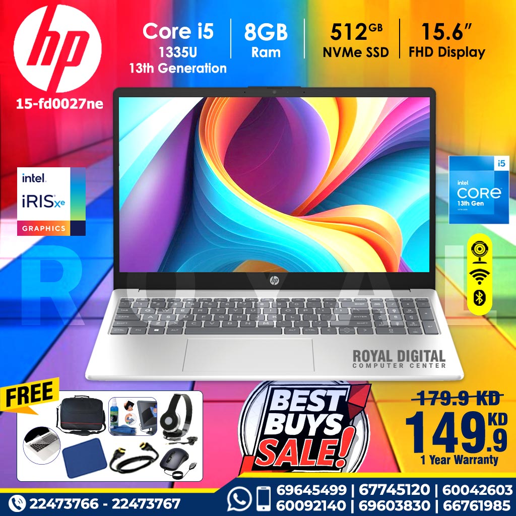 HP 15-FD0027NE - core i5 1335U 13th Gen 8 GB Ram 512  NVMe SSD 15.6inch FHD IPS Display