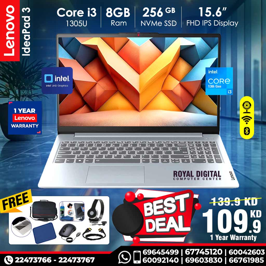 Lenovo IdeaPad Slim 3 Core i3 Processor 8GB Ram 256 GB NVMe SSD 15.6-inch Full HD Display