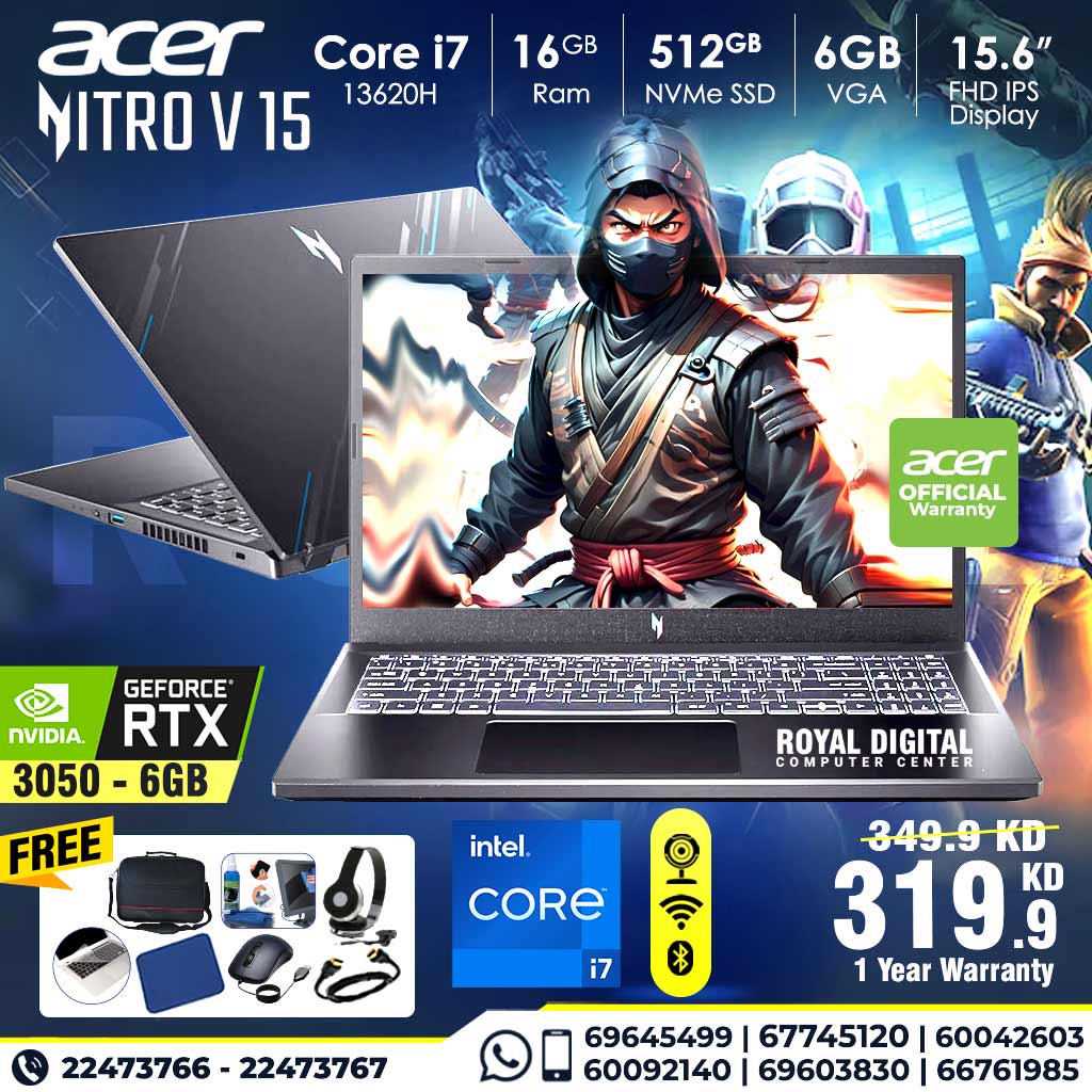 Acer Nitro V 15  Core i7 -13620 H Nvidia RTX3050 6GB VGA 15.6inch FHD 144Hz