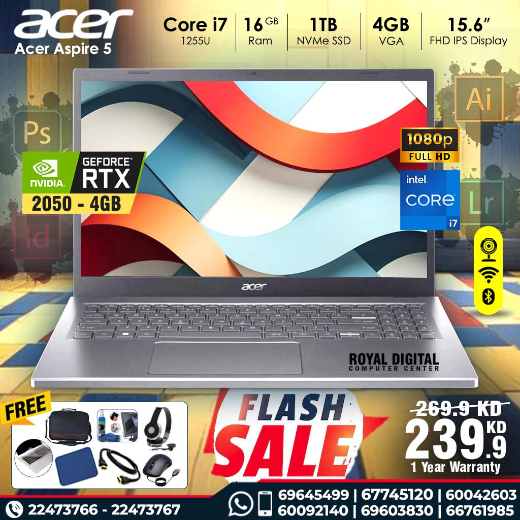 Acer Aspire 5  A515 | Core i7 - 1255U | 16GB RAM | 1 TB NVMe SSD |  4GB VGA | 15.6 inch IPS Display