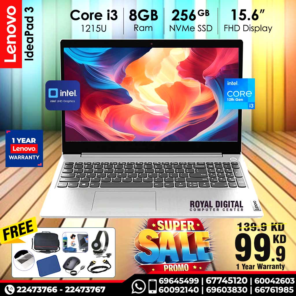 Lenovo IdeaPad 3 Core i3 Processor 8GB Ram 256 GB NVMe SSD 15.6-inch Full HD Display