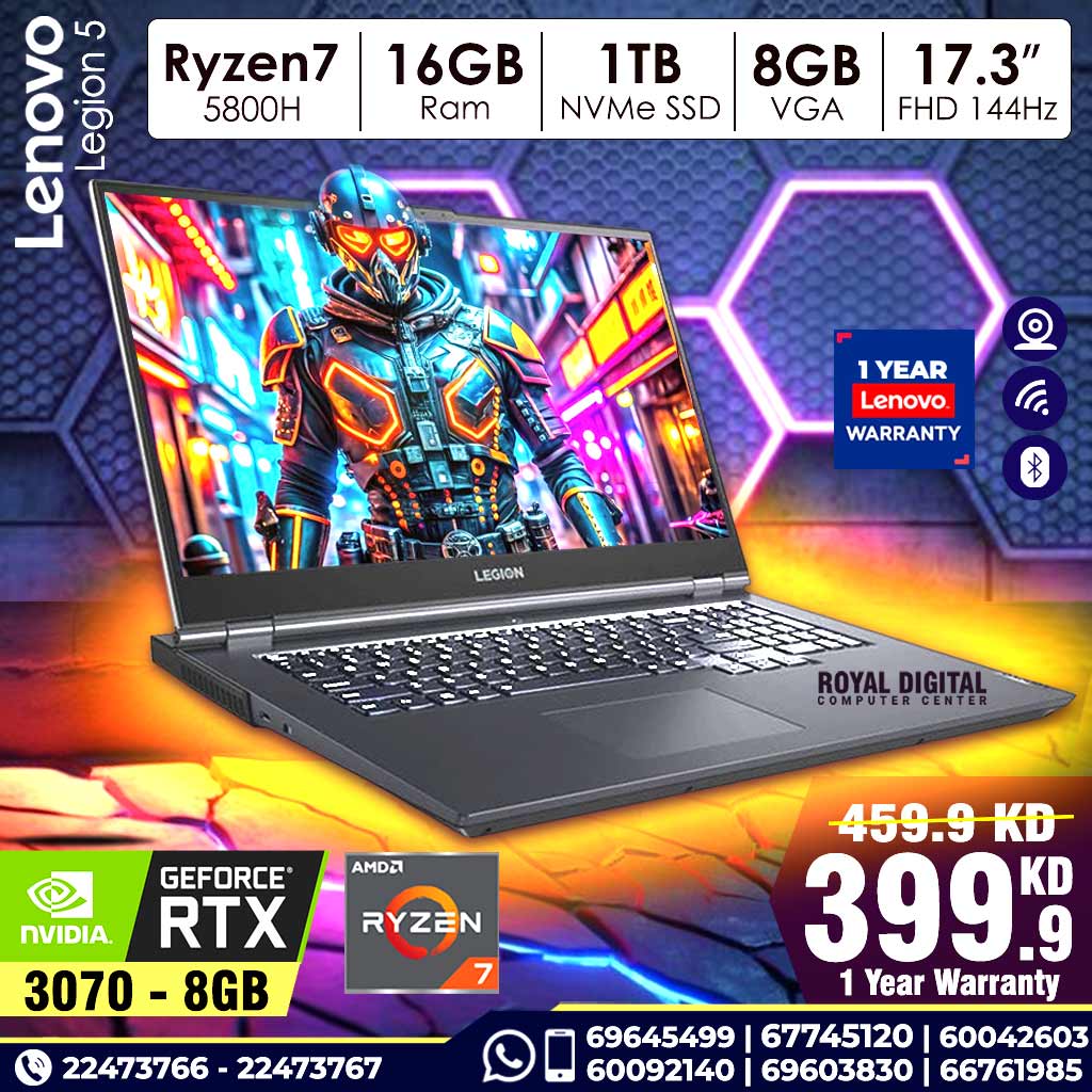 Lenovo Legion 5 Ryzen 7 NVIDIA GeForce RTX3070 8GB VGA 16GB RAM 1TB SSD 17.3 inch FHD 144Hz