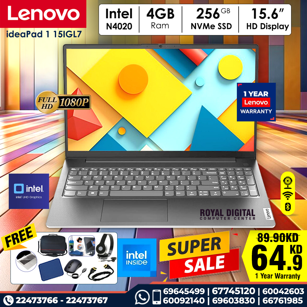 Lenovo ideaPad 1 15IGL7 Intel 4020 Processor 4GB Ram 256 GB NVMe SSD 15.6inch Full HD Display