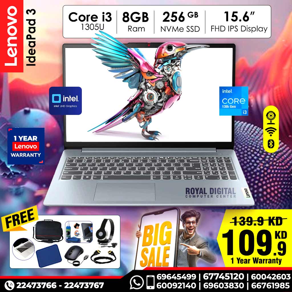 Lenovo IdeaPad Slim 3 Core i3 Processor 8GB Ram 256 GB NVMe SSD 15.6-inch Full HD Display